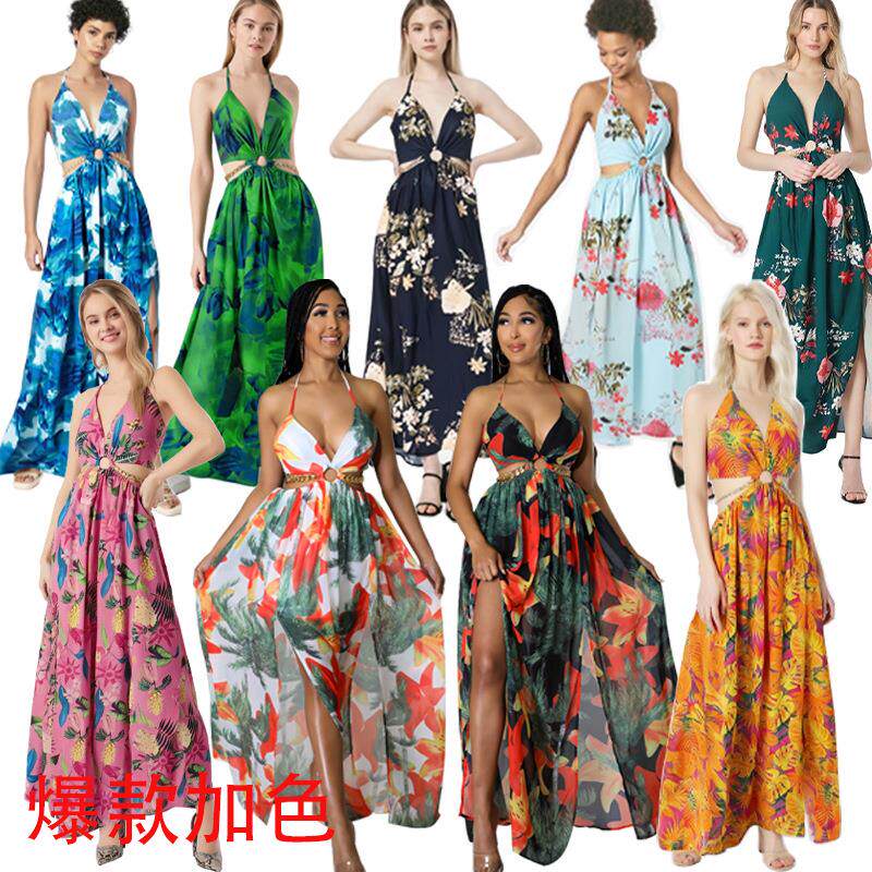 Summer Floral Print Deep V Halter Tie Split Maxi Dress图片