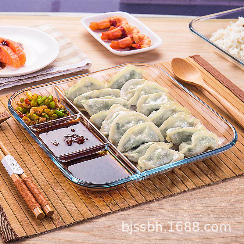 菲内克斯透明耐热玻璃饺子盘家用带醋碟水饺盘分格餐盘分隔早餐盘