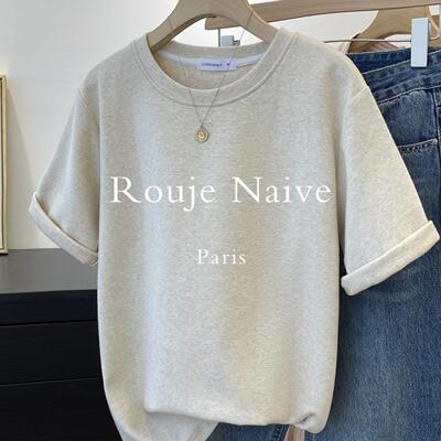 Rouje Naive韩版早春新款燕麦色短袖T恤女2026宽松显瘦打底上衣