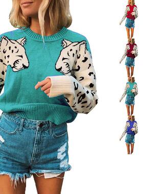 Knitted sweater with leopard pattern on arms, women's long