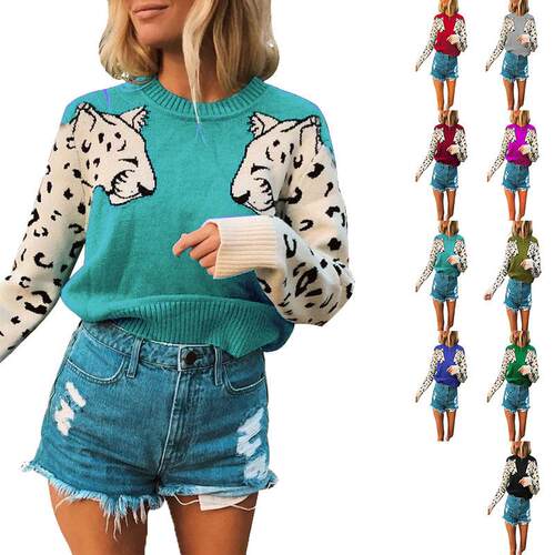 Womens Animal Leopard Print Drop Shoulder Sweater Casual