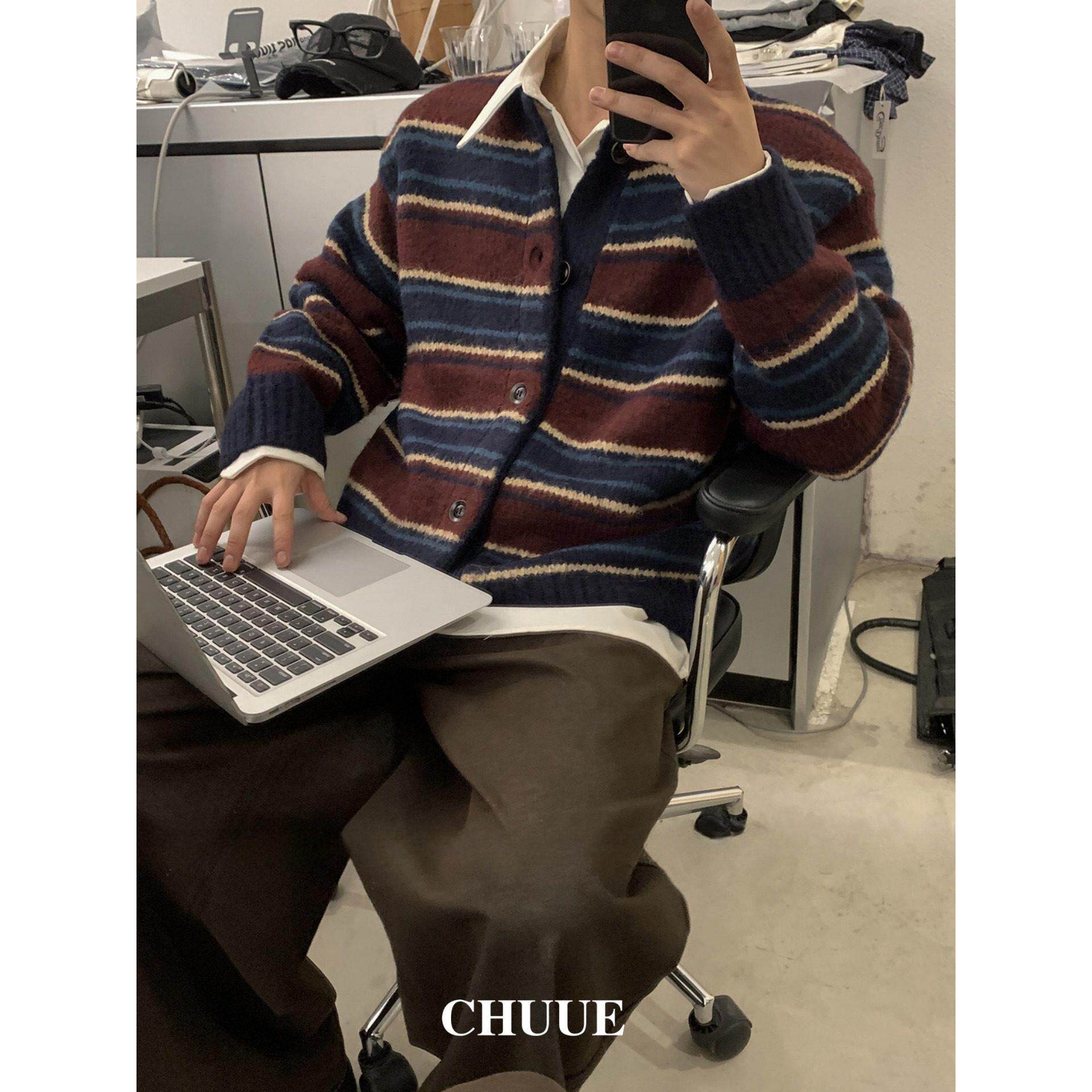 CHUUE/圆领撞色条纹针织开衫男2026美式复古学院风毛衣外套潮