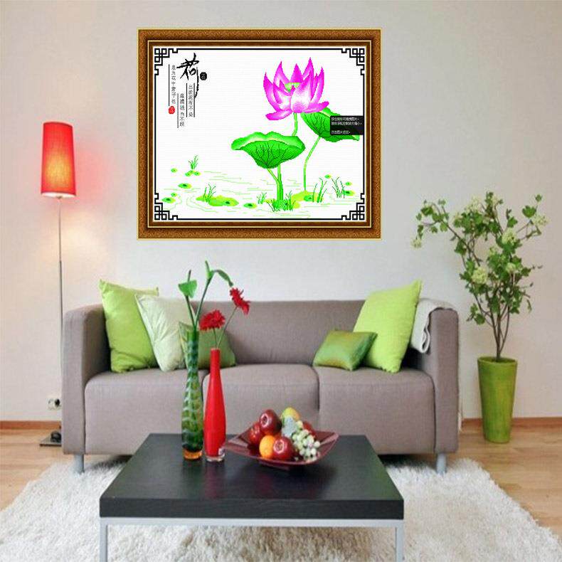 青飞荷者吉祥十字绣客厅含笑十字绣荷花白布画格十字绣