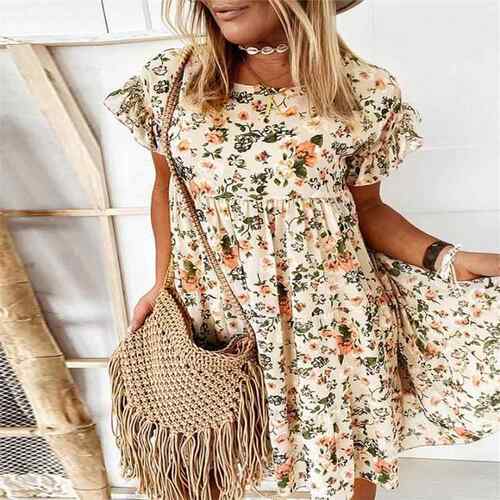 Women's Floral Print Ruffle Smock Dress Casual Fashion