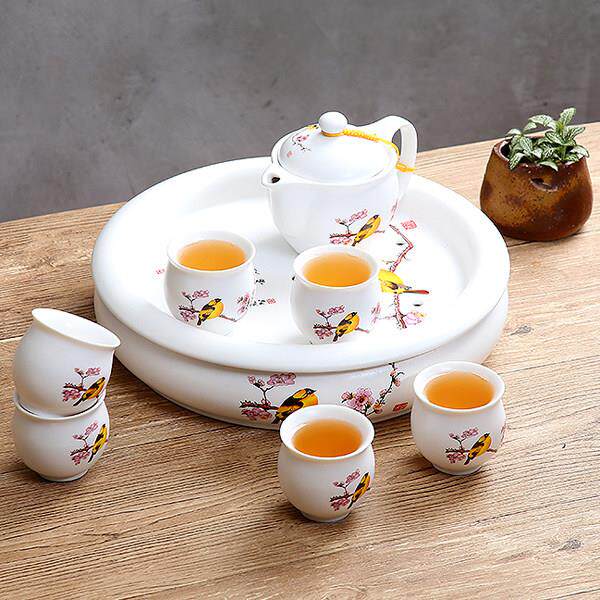 陶瓷功夫茶具双层茶杯青花瓷瓷托盘茶具成套储水圆干泡盘家