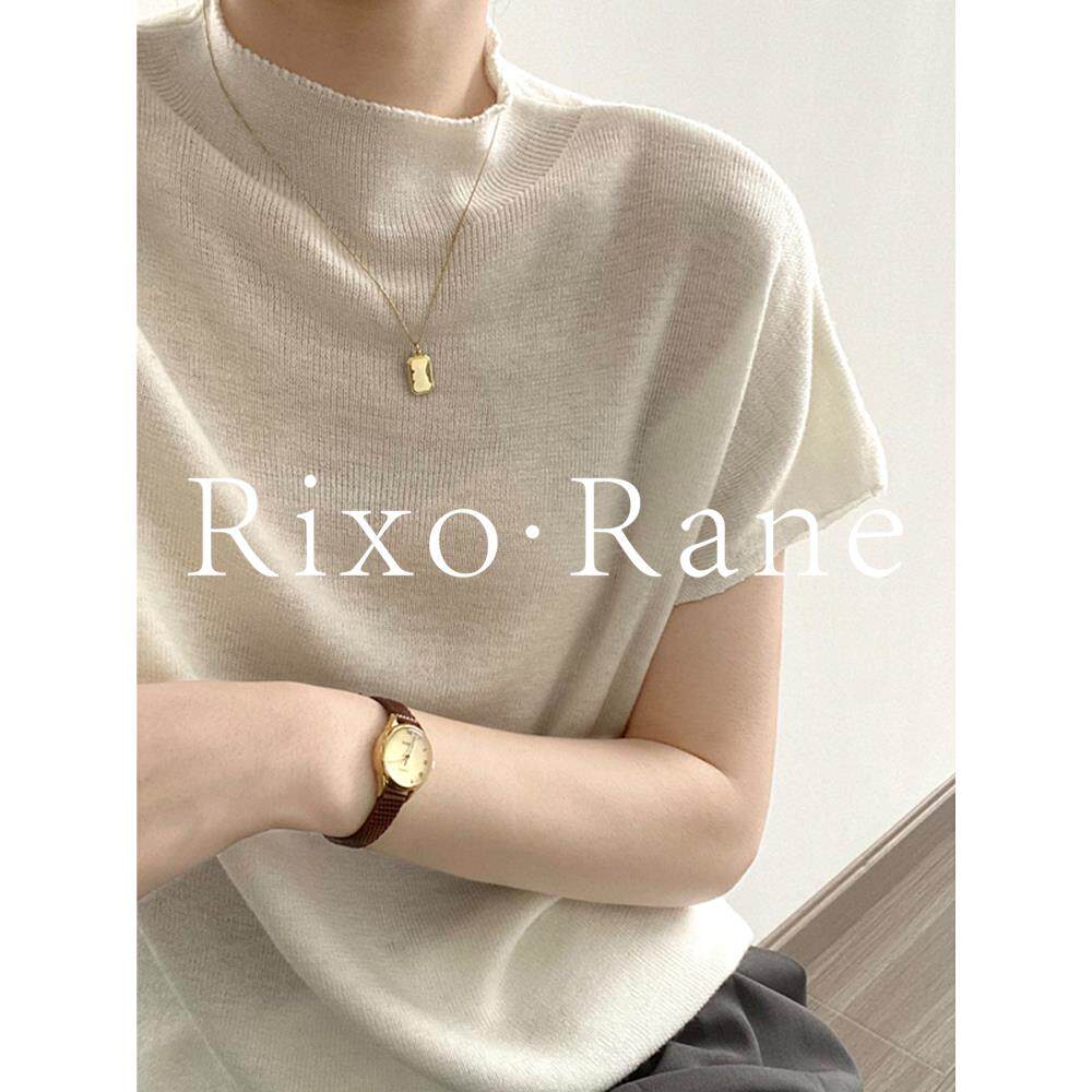 法国Rixo Rane半高领冰丝针织短袖女别致圆领套头宽松正肩T恤上衣