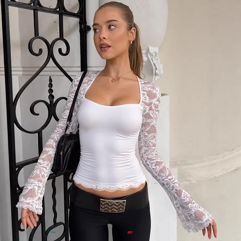 Lace Patchwork Square Neck Long Sleeve T-Shirt Pure Color