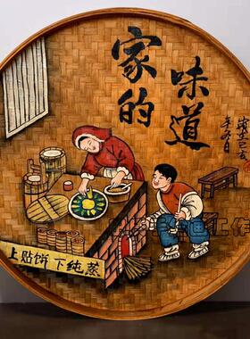 手绘竹筛子圆簸箕画复古怀旧墙壁挂饰农庄装饰休闲农场饭店墙面挂