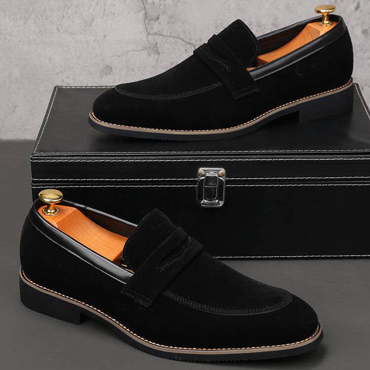 男鞋2025新款英伦乐福鞋尖头休闲皮鞋磨砂反绒皮内增高软底豆豆鞋