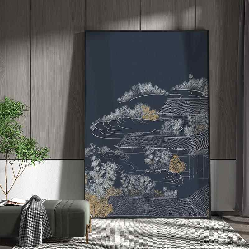 新款直销新中式灰蓝色装饰画现代轻奢客厅玄关中国风山水背景墙壁