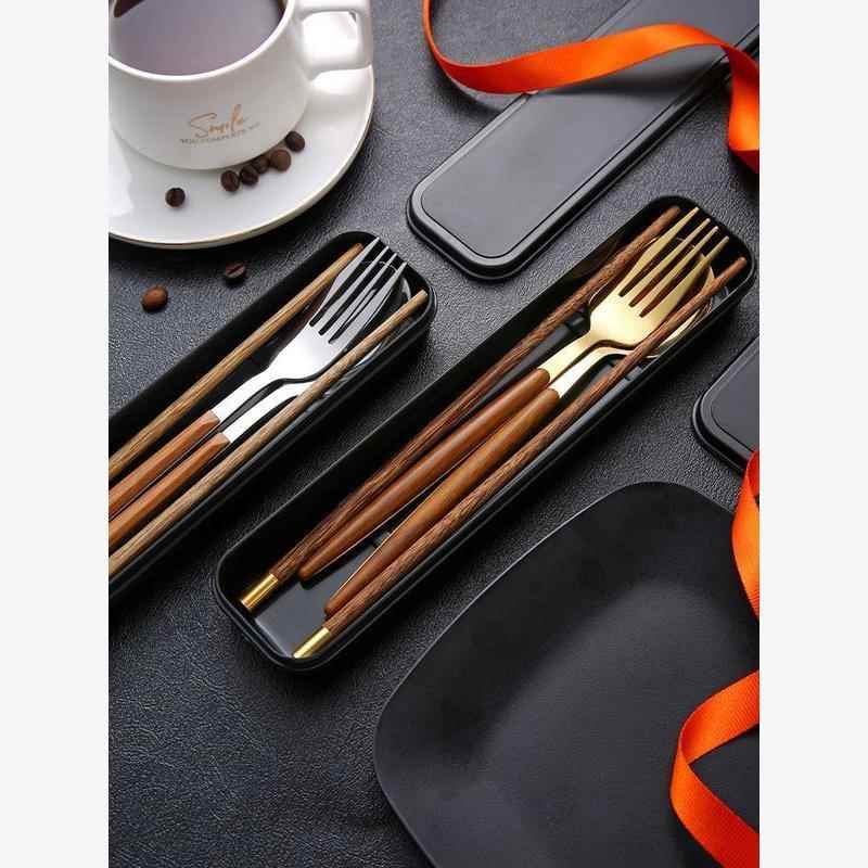 筷子勺子套装一人一筷可携式餐具学生收纳盒叉子单人木质筷子三件