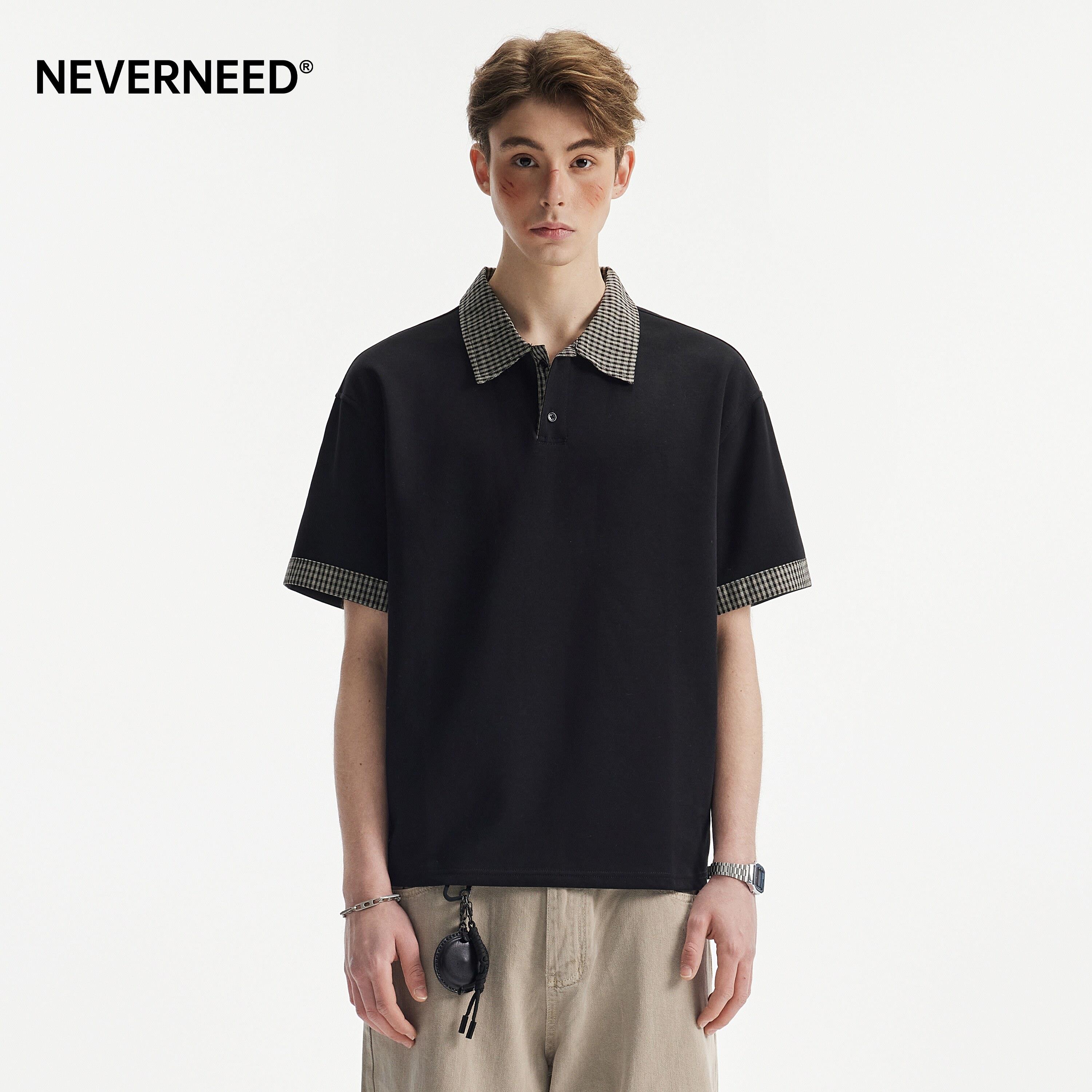 NEVERNEED拼接格子T恤男女夏季美式cleanfit假两件休闲短袖POLO衫