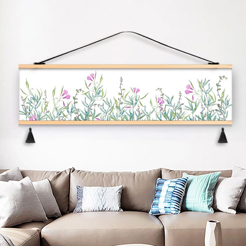 正品室床头装饰背画主卧景墙布艺挂画北欧in卧风清s新绿植横款长图片