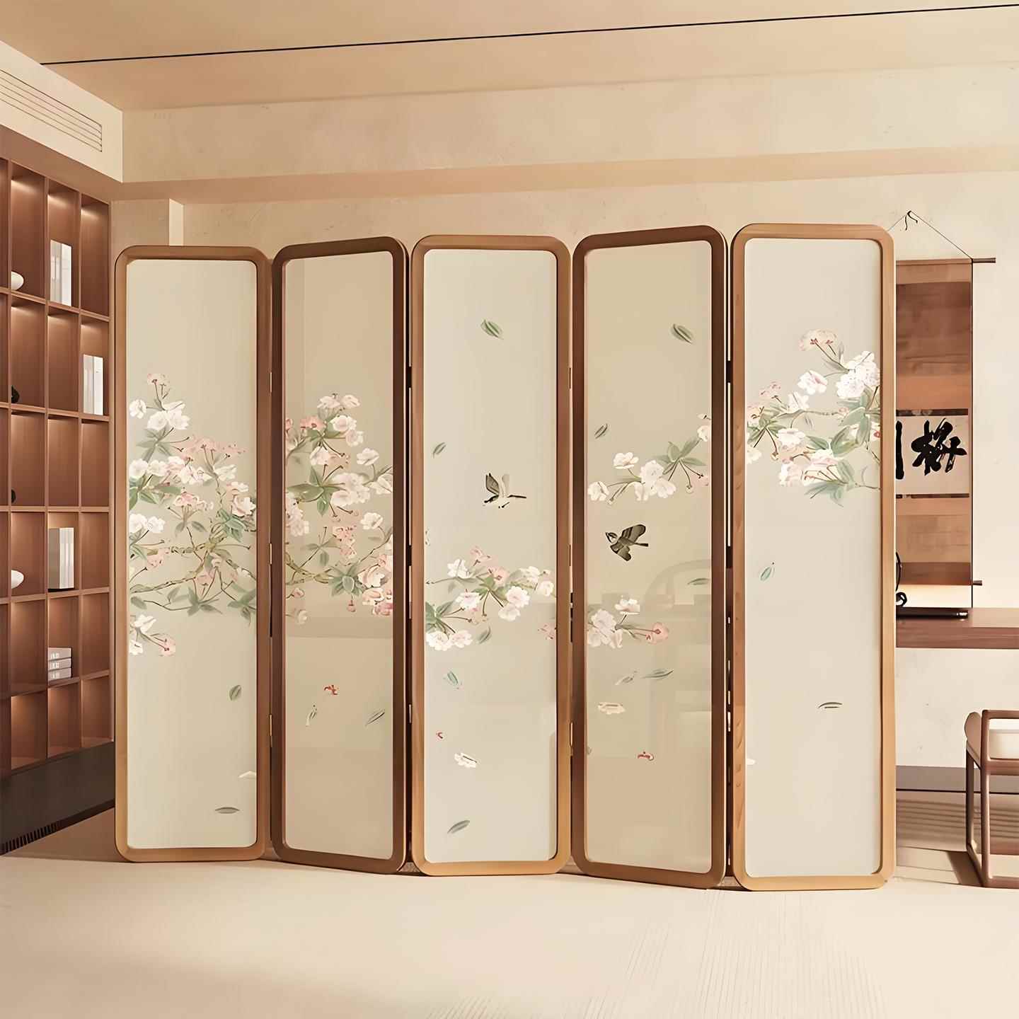 新中式折叠移动屏风隔断移动中古客厅入户正对门遮挡风屏木质屏障