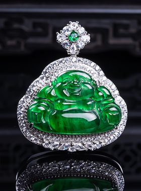 天然真品翡翠S925银镶嵌冰飘阳绿满绿高端闪拍佛公玉石吊坠16.21g