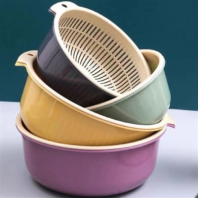 双层沥水篮洗菜盆水果盘厨房客厅家用圆形淘菜篮子简约塑料收纳筐