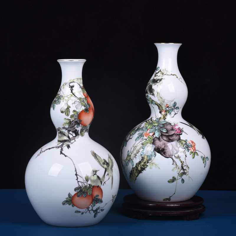 现代新中式高白泥描金粉彩薄胎花鸟葫芦瓶玄关酒柜装饰品摆件批发,家居饰品,花瓶,淘宝优惠券,粉丝福利购,淘宝优惠卷