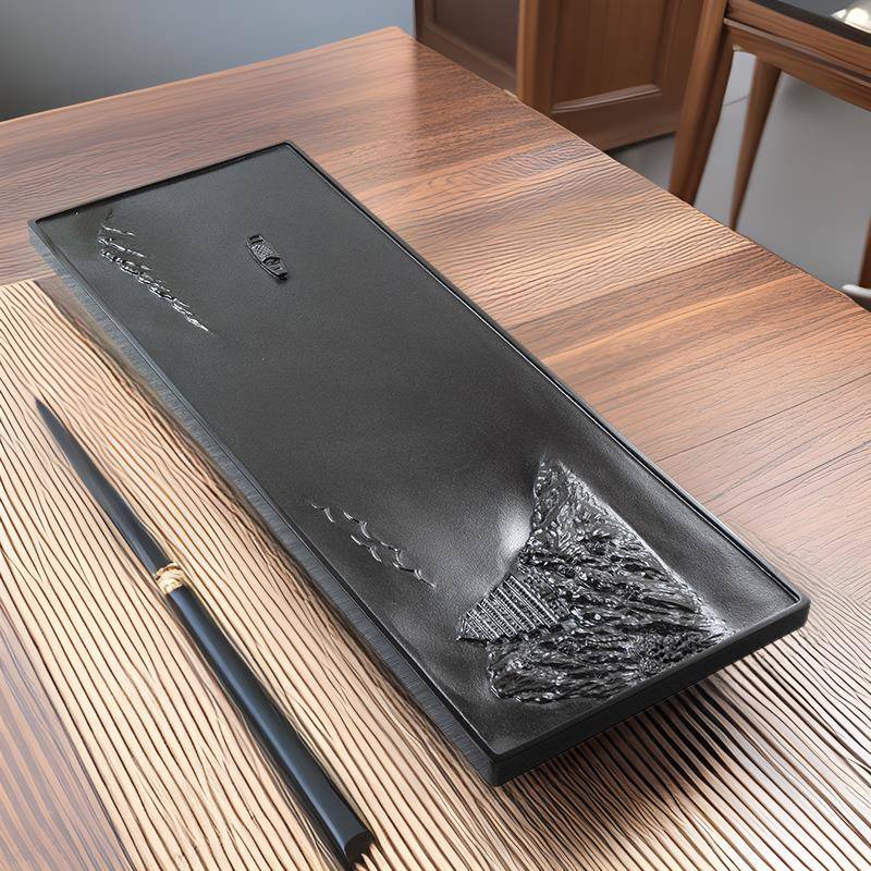 乌金石茶盘简约家用天然石材办公整块一体原石雕刻茶台茶具带排水