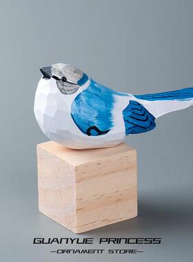 手工创意北长尾山雀木雕小鸟摆件可爱肥啾桌面木头鸟装饰中秋礼物