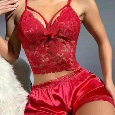 Strap lace vest top+lace shorts pajama set