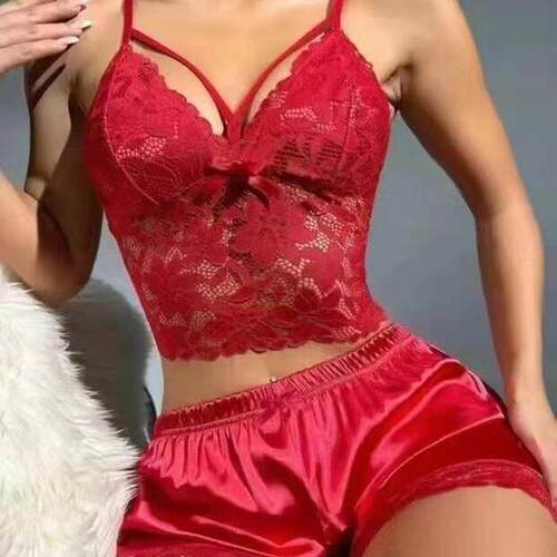 Strap lace vest top+lace shorts pajama set