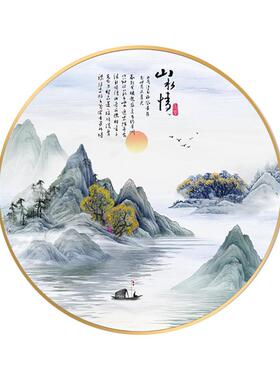 新中式玄关装饰画走廊中国风客厅圆形沙发背景墙禅意山水书房挂画