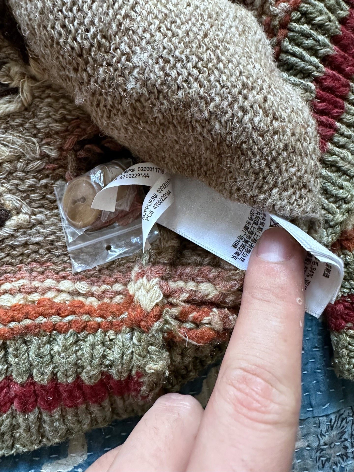 RRL Vintage Geometric Button-Front Wool Cardigan — label