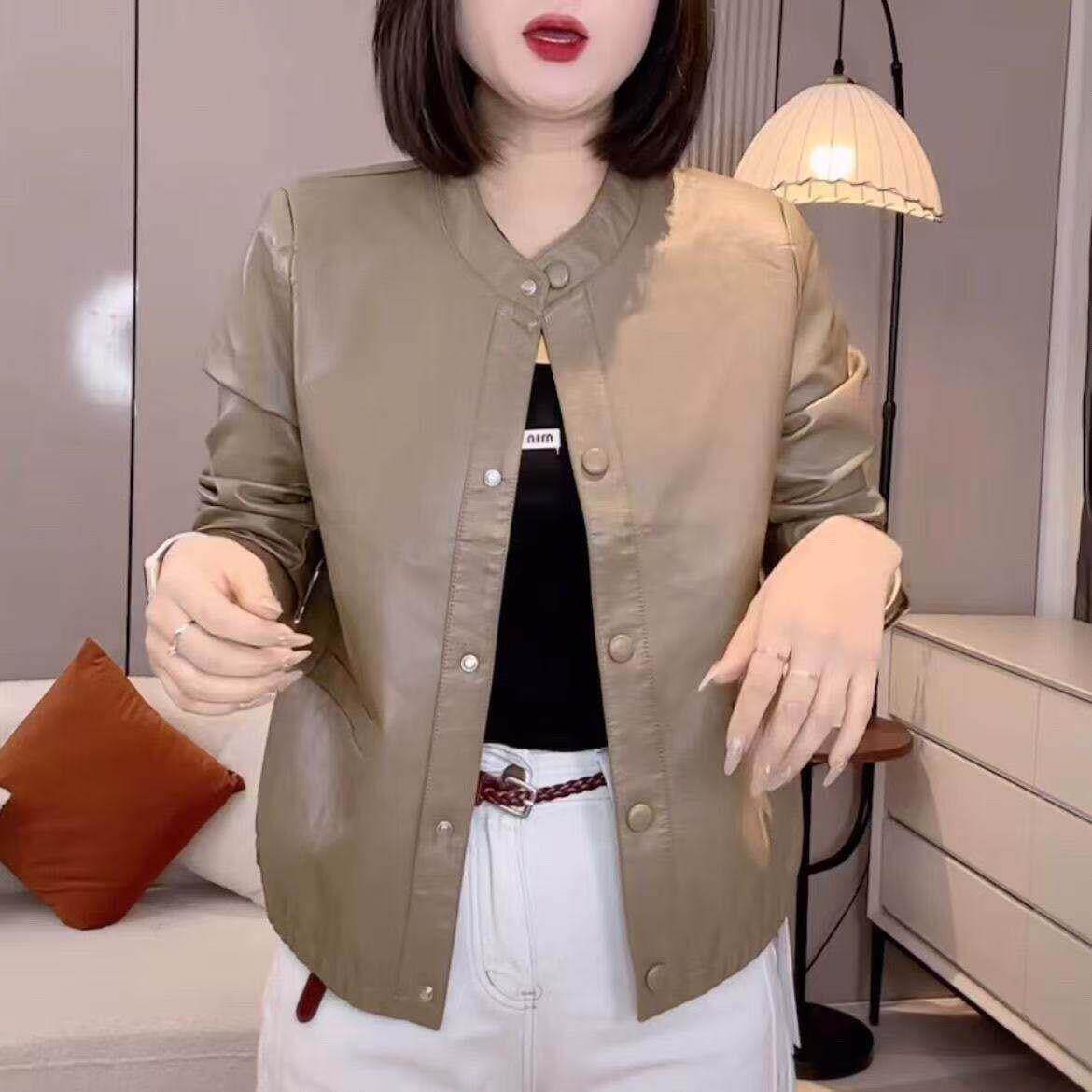 爆款纯色圆领皮衣短外套女春秋季2026新款夹克小个子百搭时尚上衣