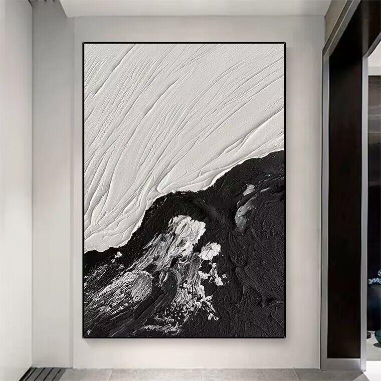 纯手工立体油画极简黑白抽象玄关装饰画轻奢玄关过道走廊入户玄幻