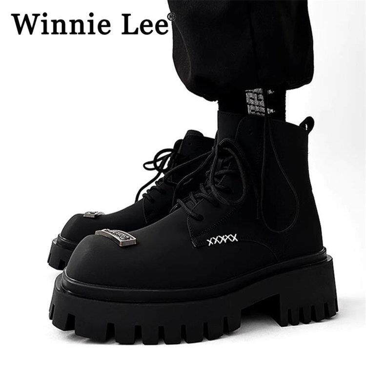 Winnie Lee小众方头厚底马丁靴潮男秋季德比鞋黑高帮机车工装靴子