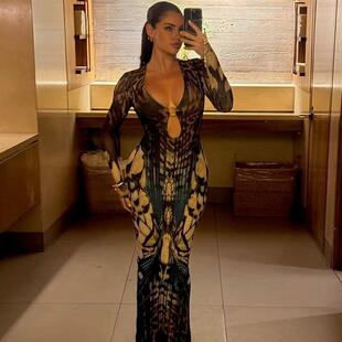 环扣拼接长袖 2025欧美跨境秋季 时尚 女装 低领包臀后开叉连衣裙 新款