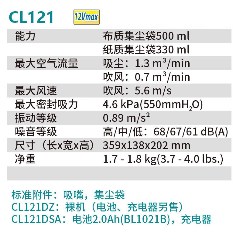 牧田(MAKITA)CL121充电式吸尘器车载吸灰尘清洁工具吸12V 4.0AH