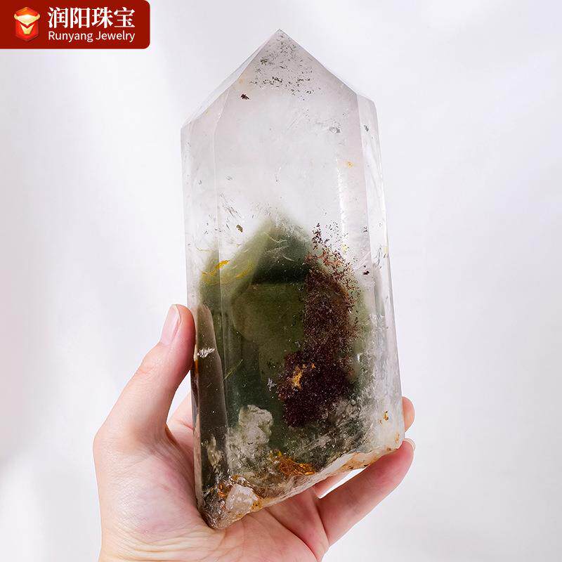 天然水晶绿幽灵单尖六棱柱原石矿标打磨消磁能量石柱家居装饰摆件