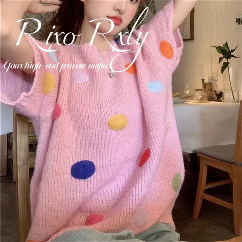 RIXO RXLY甜美波点撞色短袖针织衫女春夏季小众设计感圆领T恤上衣