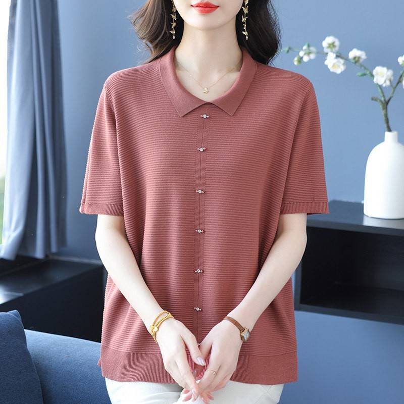 中年妈妈桑蚕丝短袖女夏翻领冰丝t恤针织衫宽松大码遮肚打底上衣