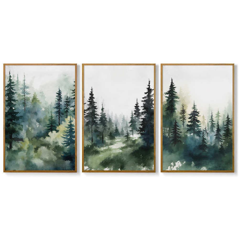 北欧简约森林风景客厅带框帆布画挂画小清新三联卧室装饰画