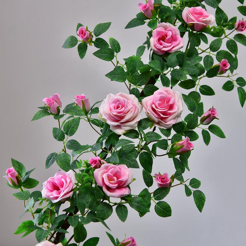 仿真赤玉玫瑰花藤条挂壁假花装饰 遮蔽空调管道田园风格塑料花藤