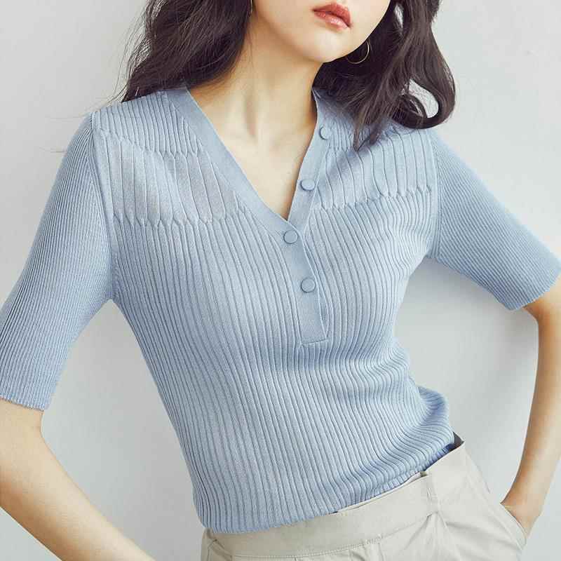冰丝针织衫短袖t恤女2025年新款夏季V领修身半袖纯棉时尚洋派上衣