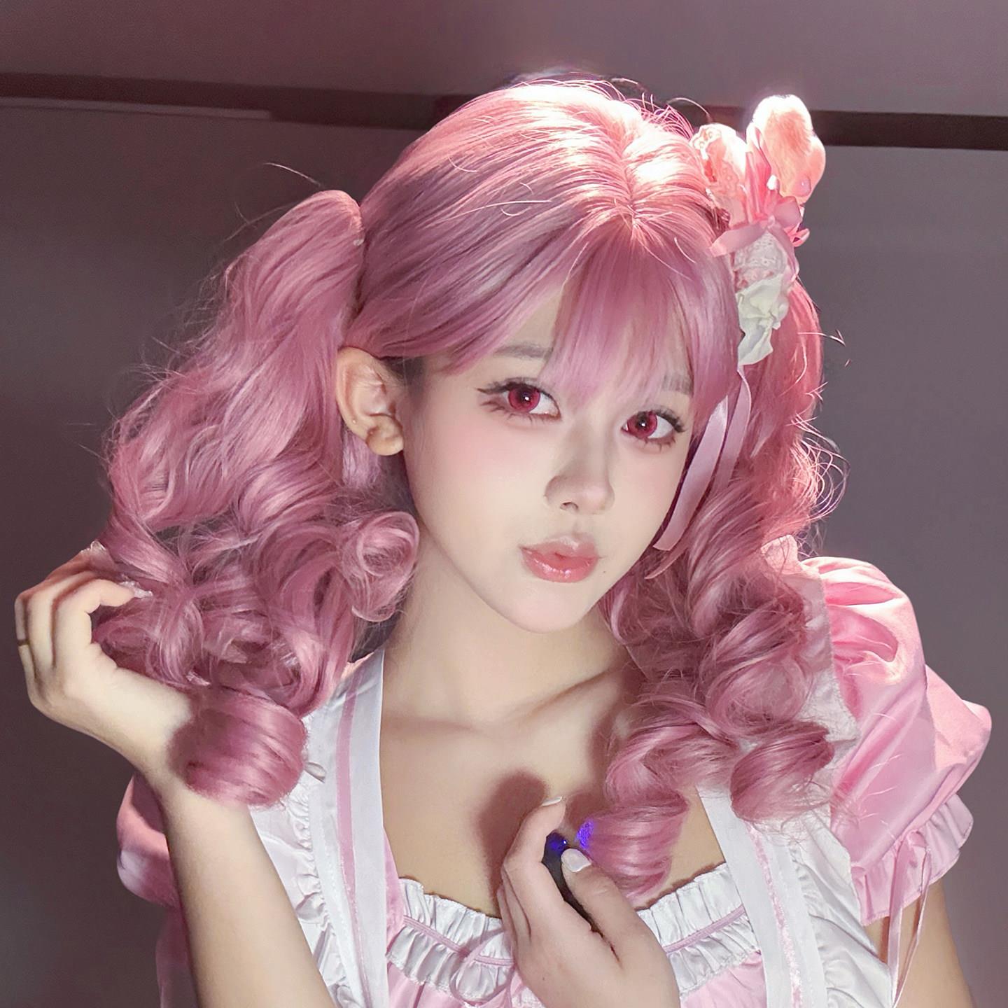 粉色假发双马尾罗马卷lolita罗莉塔doll感虎口抓夹长卷发大波浪毛图片
