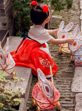 新款手工拉线拖拉兔灯新春发光滚动中秋花灯蕾丝布艺兔子电子灯笼