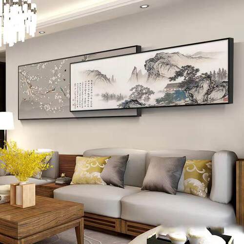 山水画客厅叠加挂画新中式画中画沙发装饰画办公室壁画国画风水画