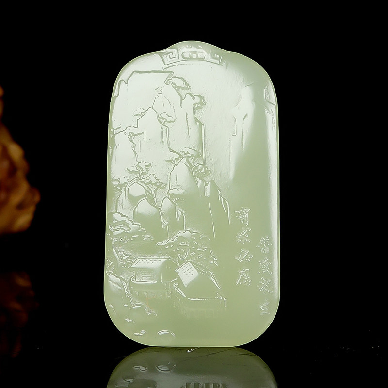 一元起拍保真新疆和田玉青黄口无结构苏工精雕意境山水吊坠24.30g