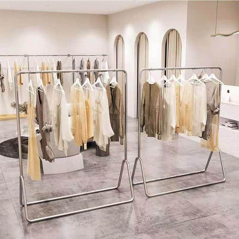 服装店展示架不锈钢银色拉丝服装架女装店货架落地式挂衣架陈列架