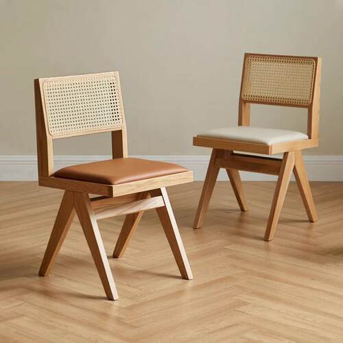 北欧藤编椅子家用实木藤编餐椅中古风设计师网红餐桌椅昌迪加尔椅