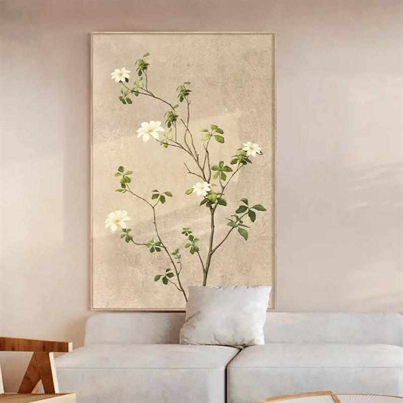 侘寂风客厅装饰画日式绿植沙发背景墙挂画原木风抽象简约玄关壁画图片