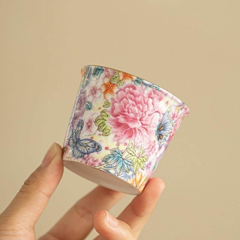 新中式珐瑯彩陶瓷主人杯单杯女士高端茶具茶杯个人专用直筒杯百花,餐饮具,茶杯,淘宝优惠券,粉丝福利购,淘宝优惠卷