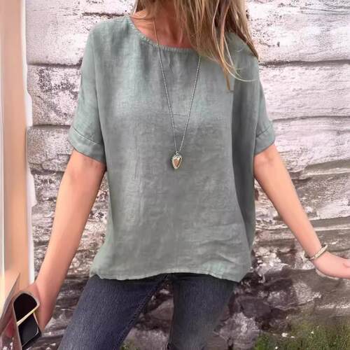 Mid long sleeved cotton and linen T-shirt top for women