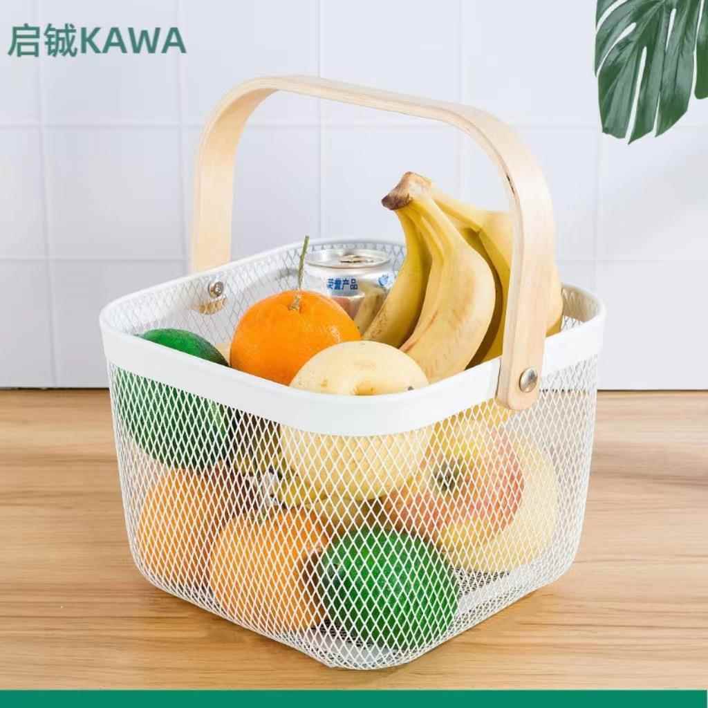 厂家直供木柄铁艺篮手提篮收纳篮收纳筐铁艺篮沥水篮水果篮菜篮子