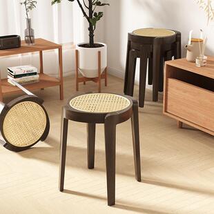 实木凳子可叠放藤编家用小圆凳简约矮餐凳化妆凳客厅板凳加厚凳子