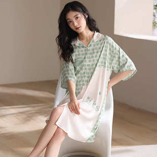 睡裙女夏季 宽松夏天丝绸家居服 式 开衫 多款 薄款 冰丝短袖 选 中长款